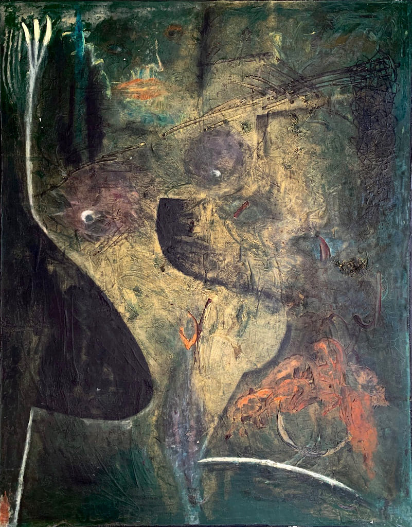 ILLEGIBLY signed, painting of prehistoric times