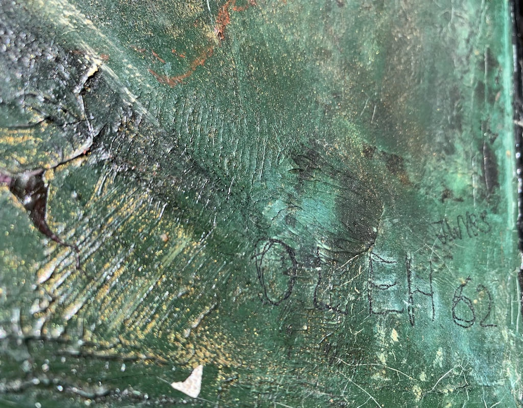 ILLEGIBLY signed, painting of prehistoric times
