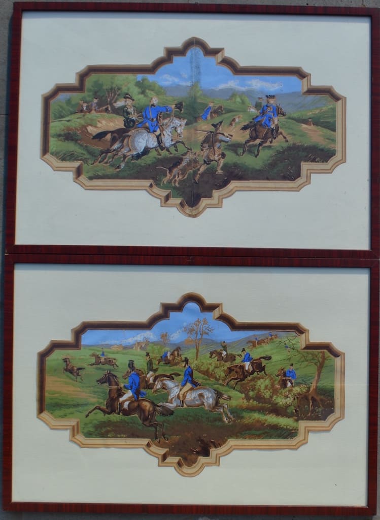 Lot of 2 unsigned hunting scenes (gouache, XIX c.)